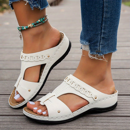 Kora | Orthopaedic Flat Faux Leather Sandals with Gold Details