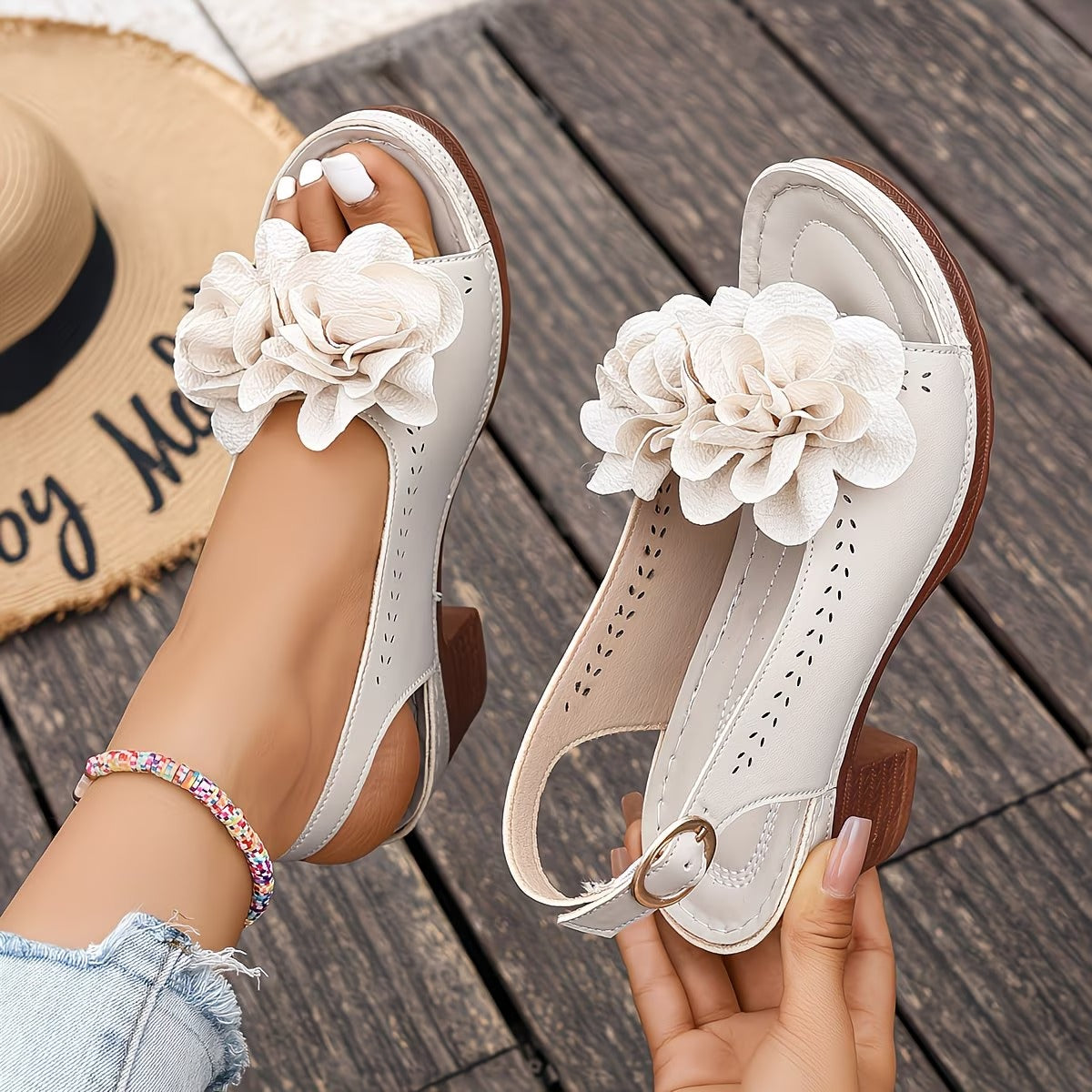 Marlie | Sandals with Floral Appliqué and Block Heel