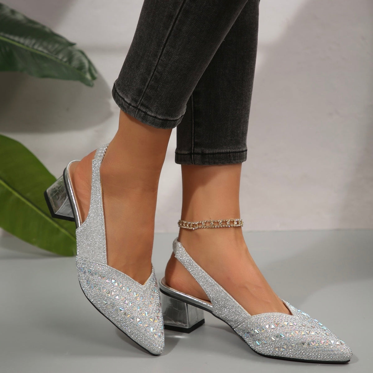 Ramona | Glossy Heeled Sandals with Sparkling Crystal Details