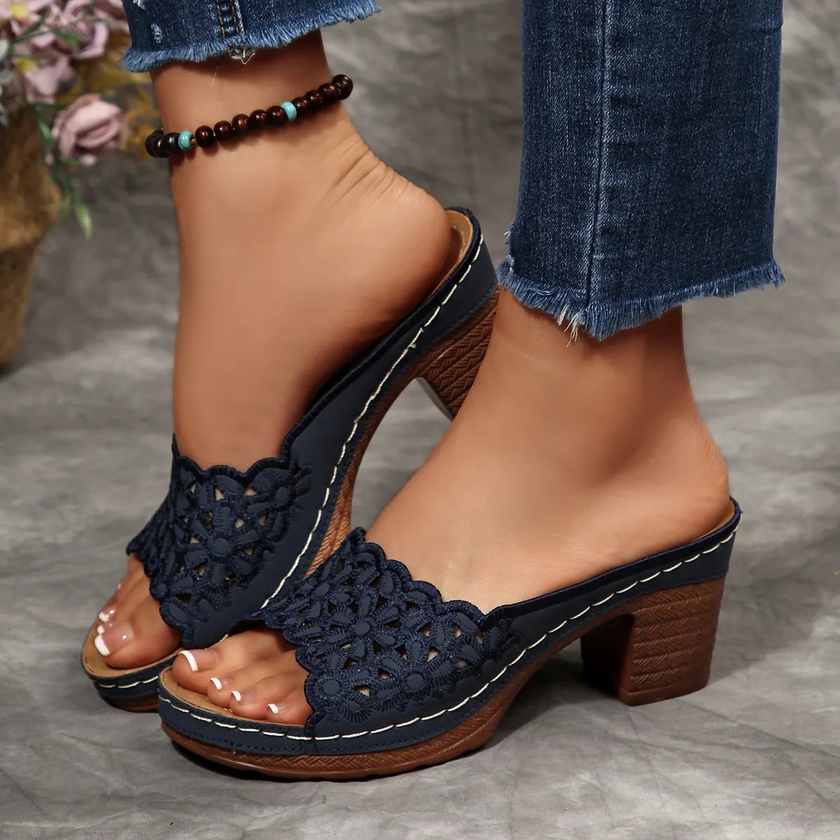 Sienna | Feminine Heeled Sandals with Floral Toe Detail