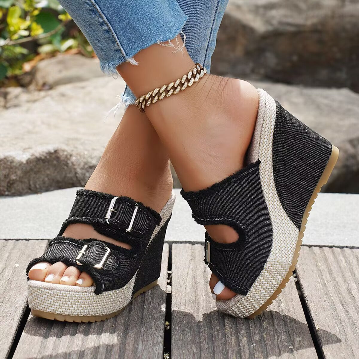 Ute | Trendige Denim Espadrille Keilsandalen