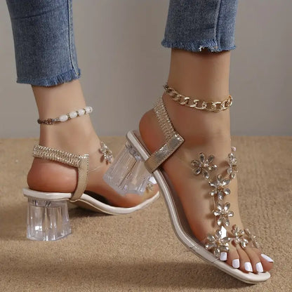 Nina | Block Heel Sandals with Floral Crystals