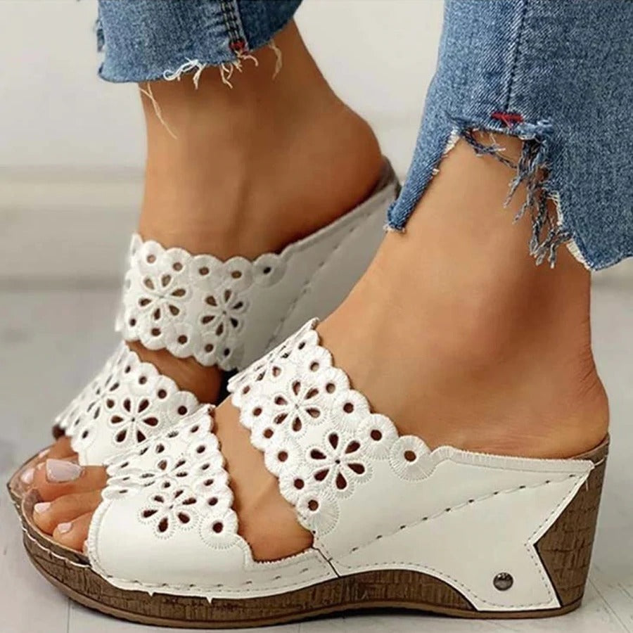 Sabine | Embroidered Wedge Sandals with Faux Leather Finish