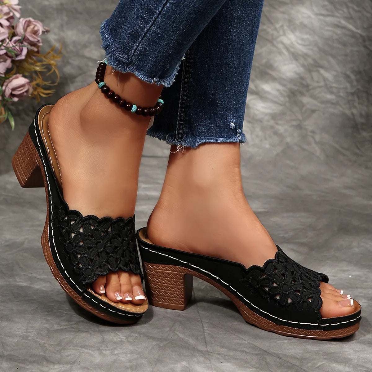 Sienna | Feminine Heeled Sandals with Floral Toe Detail