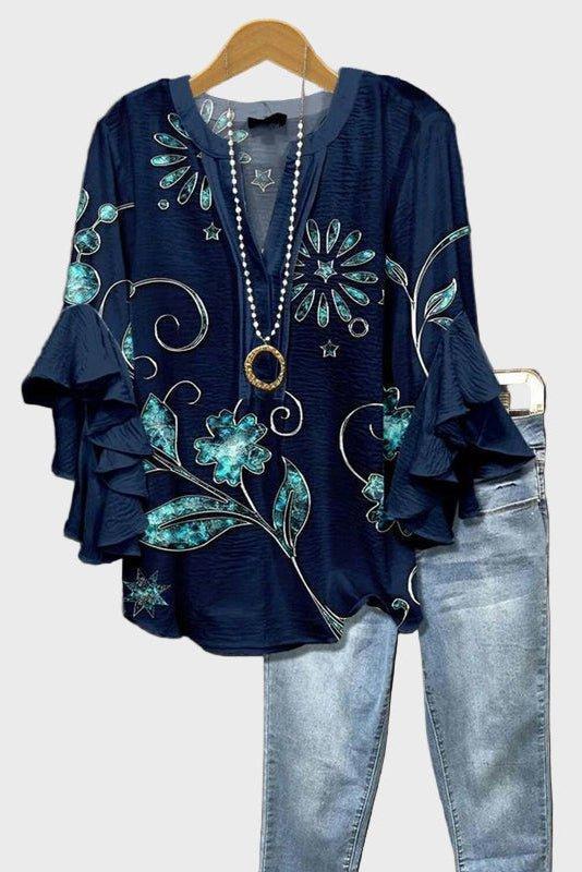 Freya Turquoise Floral Boho Print Top for Women