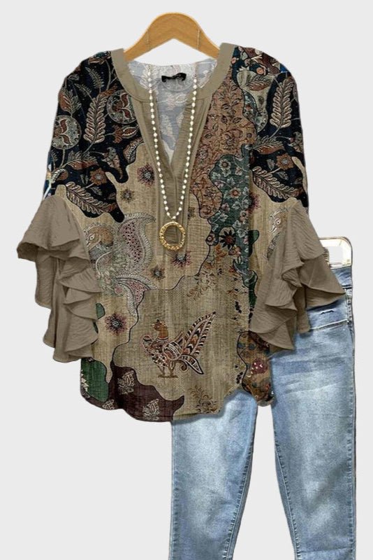 Frida Beige Boho Print Blouse for Women
