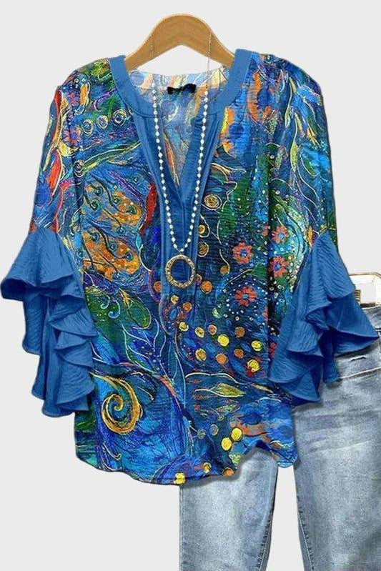 Karen Artistic Blue Boho Print Blouse for Women