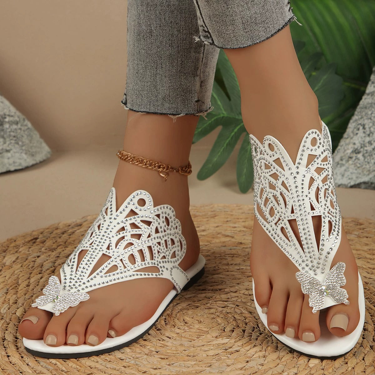 Gisele | Embellished Faux Leather Sandals with Butterfly Detail
