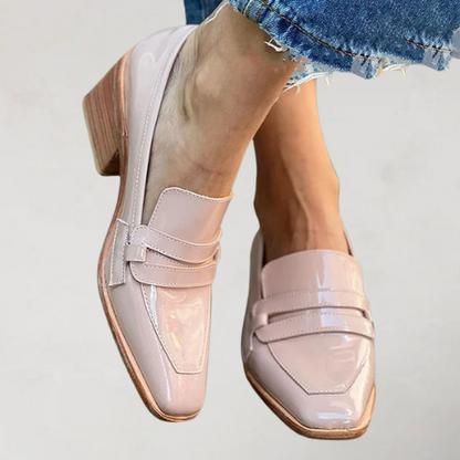 Frankie Women's Glossy Pink Block Heel Loafers
