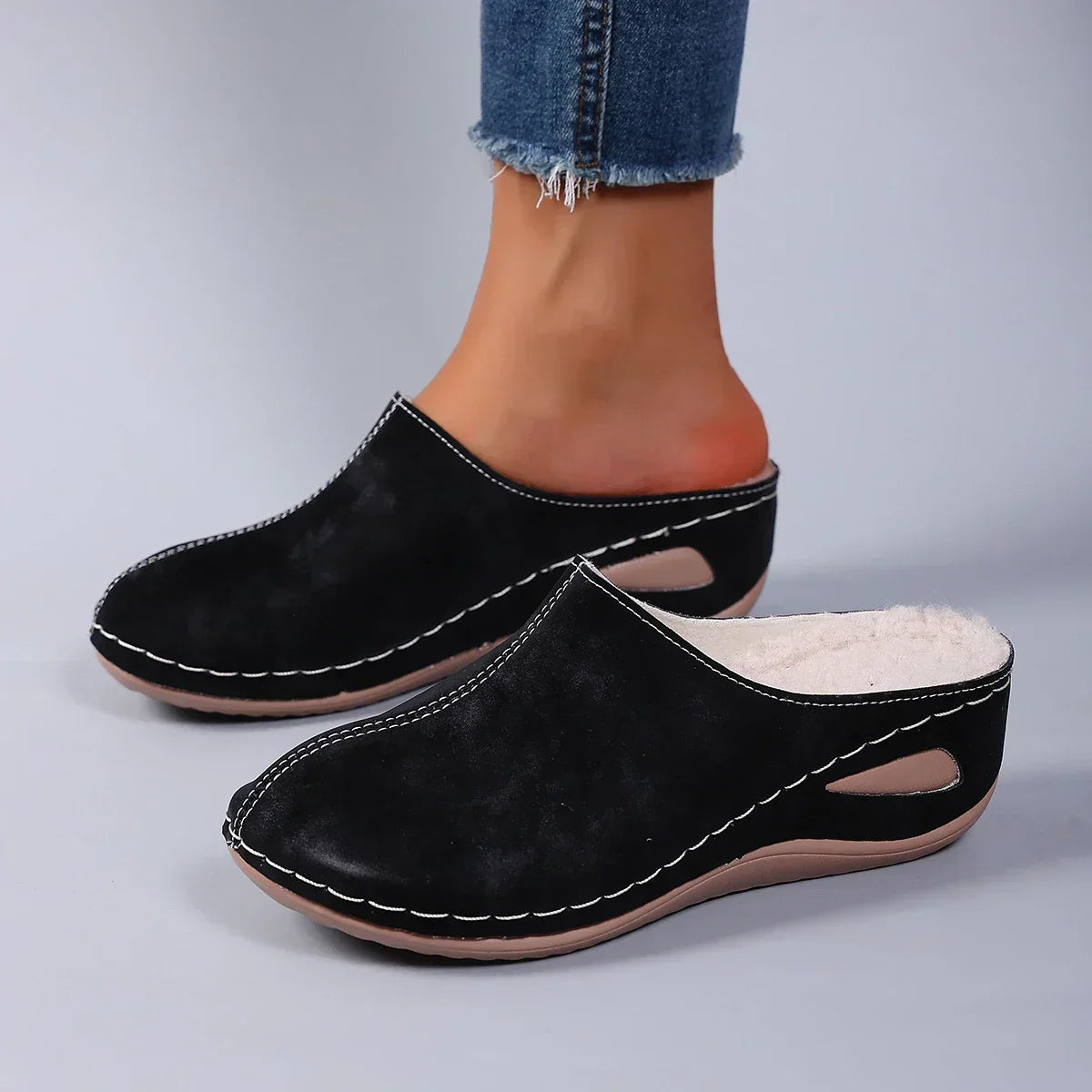 Iris | Stylish Orthopaedic Slippers in Faux Suede with Decorative Stitching