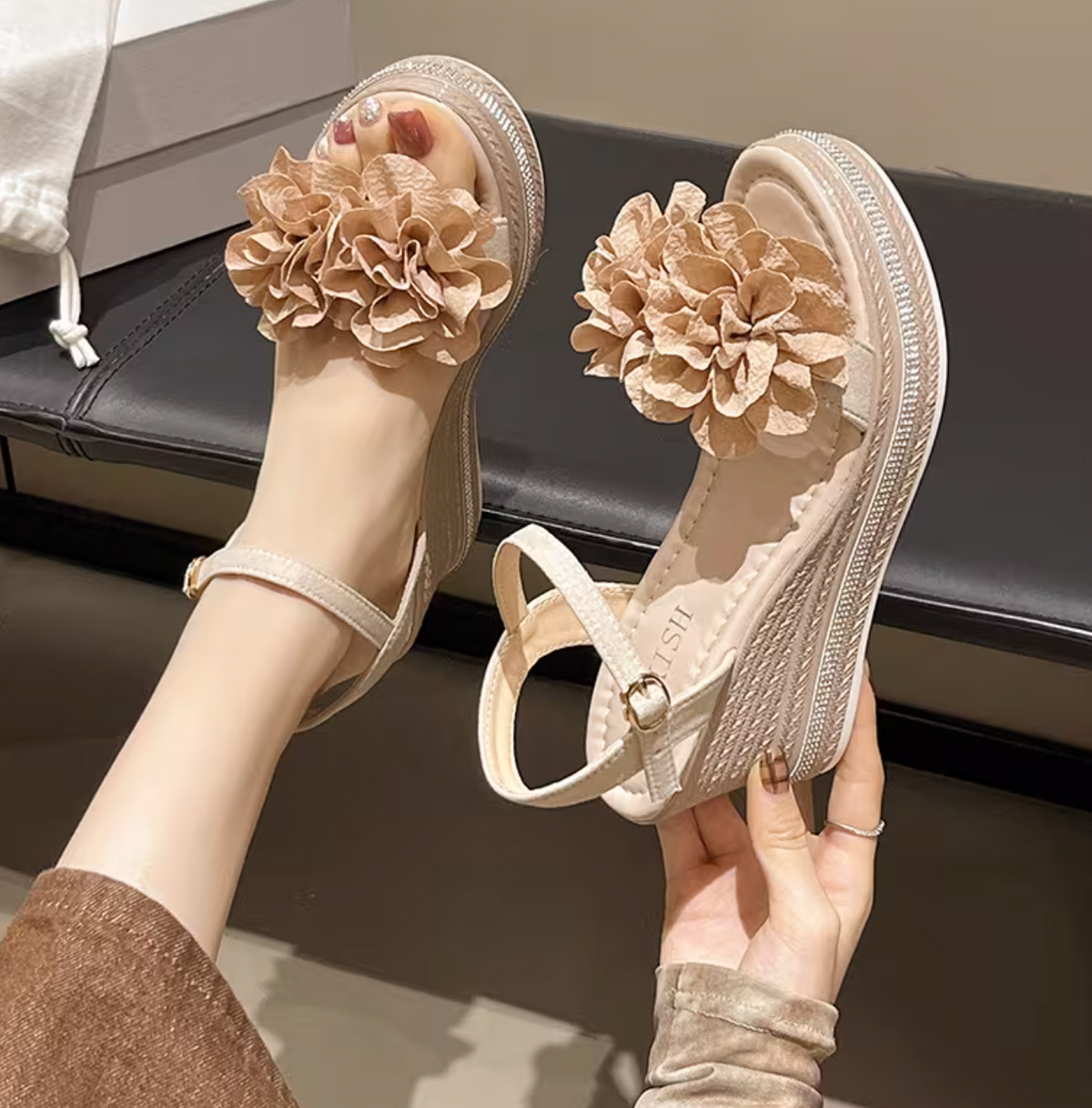Tabitha | Feminine Wedge Sandals with Soft Floral Straps