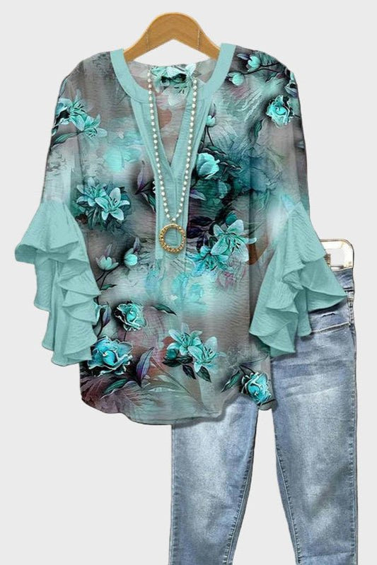 Viola Turkish Blue Boho Print Blouse for Women