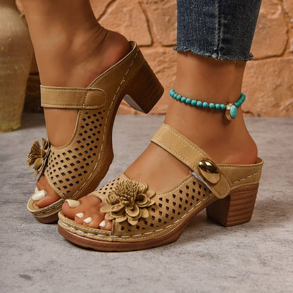 Gertie | Orthopaedic Sandals with Heel and Floral Applique
