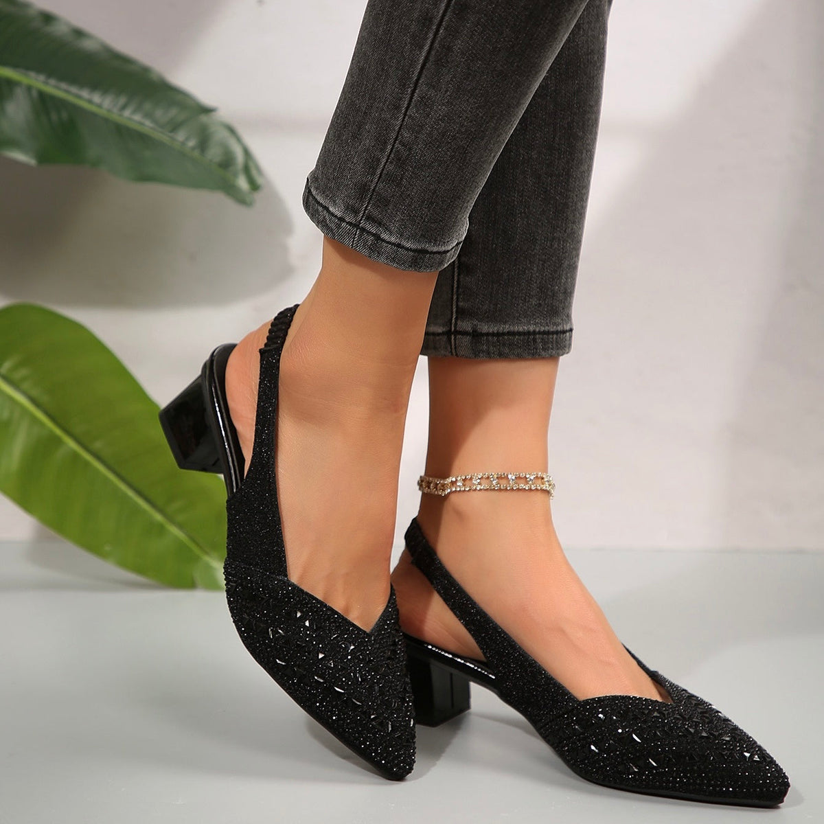Ramona | Glossy Heeled Sandals with Sparkling Crystal Details