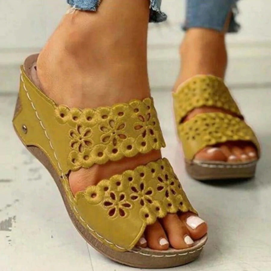 Sabine | Embroidered Wedge Sandals with Faux Leather Finish