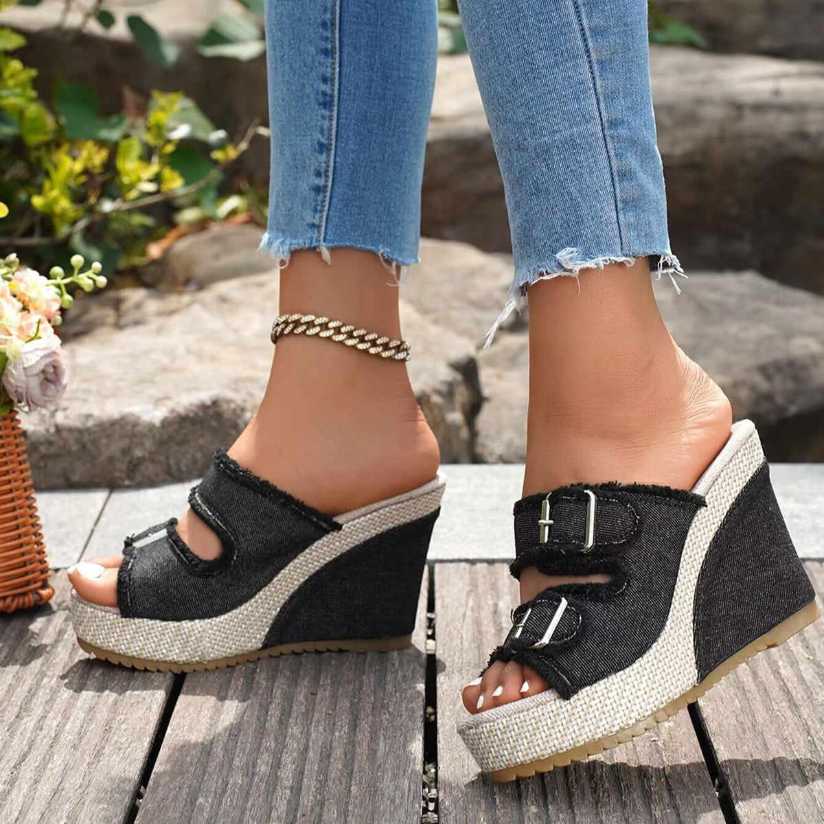 Ute | Trendige Denim Espadrille Keilsandalen