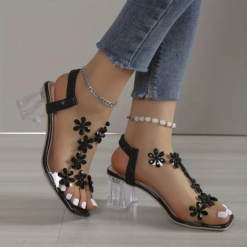 Nina | Block Heel Sandals with Floral Crystals