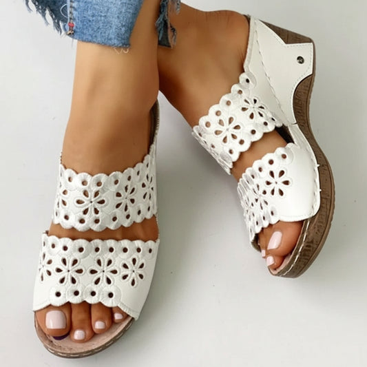 Sabine | Embroidered Wedge Sandals with Faux Leather Finish