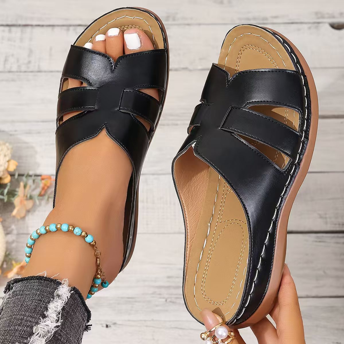 Lina | Orthopaedic Faux Leather Slippers with Open Toe