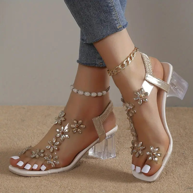Nina | Block Heel Sandals with Floral Crystals