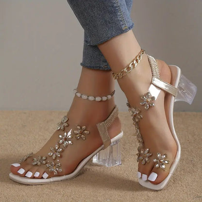 Nina | Block Heel Sandals with Floral Crystals
