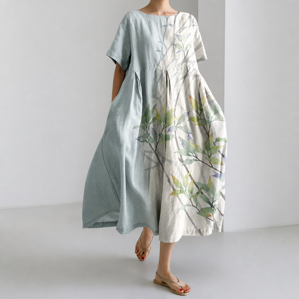 Kate | Natural-Toned Wide-Cut Dress with Blue Bamboo Stripes