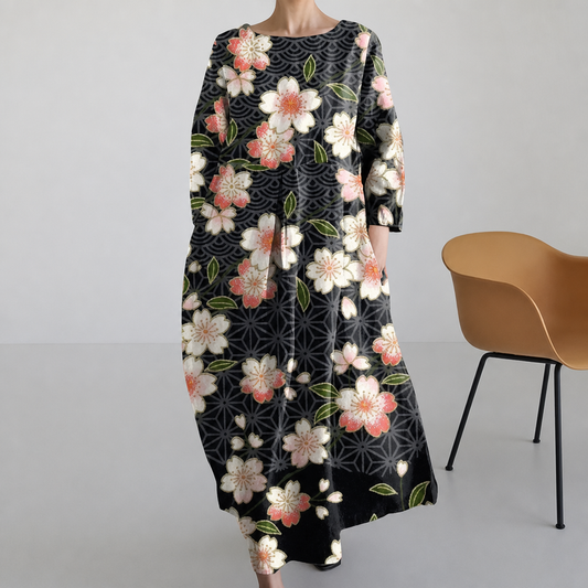 Sara | Wide Dress with Cherry Blossoms on Black