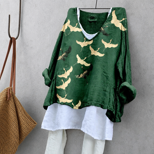 Gold Leaf Crane Print Tunic Blouse – Oversized Boho Top for Women