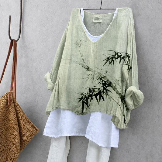 Ink Painting Bamboo Print Sleeveless Blouse – Oversized Boho Top for Women