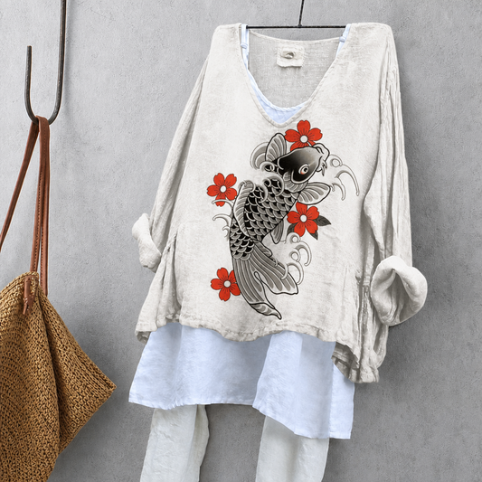 Koi & Flower Print Sleeveless Blouse – Oversized Boho Top for Women
