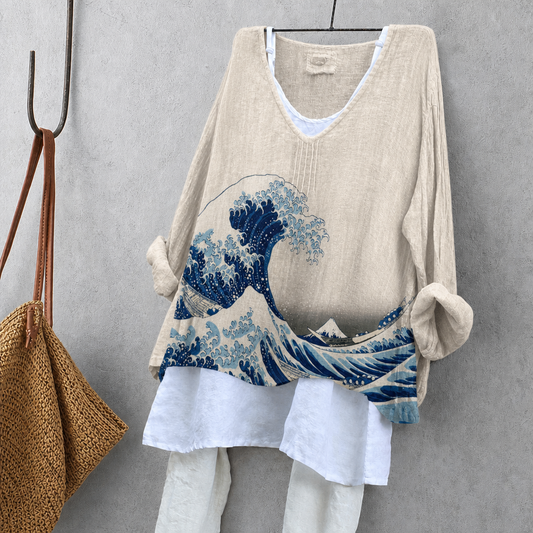Great Wave Print Sleeveless Blouse – Oversized Boho Top for Women