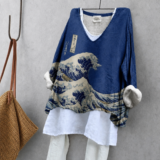 Great Wave Print Tunic Blouse – Oversized Boho Top for Women