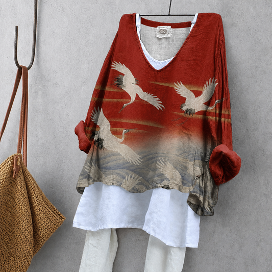 Mist & Crane Print Tunic Blouse – Oversized Boho Top for Women