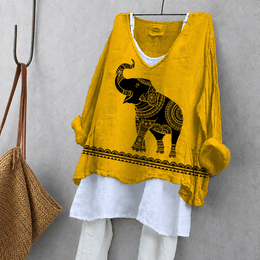 Mandala Elephant Print Tunic Blouse – Oversized Boho Top for Women