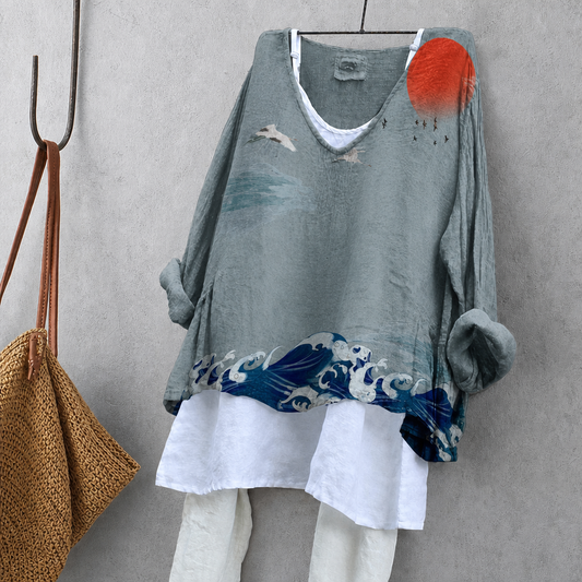 Waves & Sunrise Print Tunic Blouse – Oversized Boho Top for Women