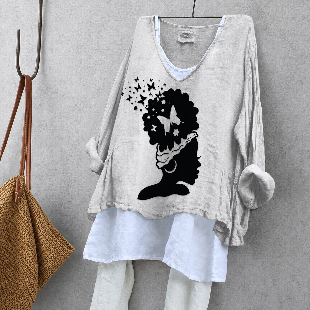 Butterfly & Silhouette Print Tunic Blouse – Oversized Boho Top for Women