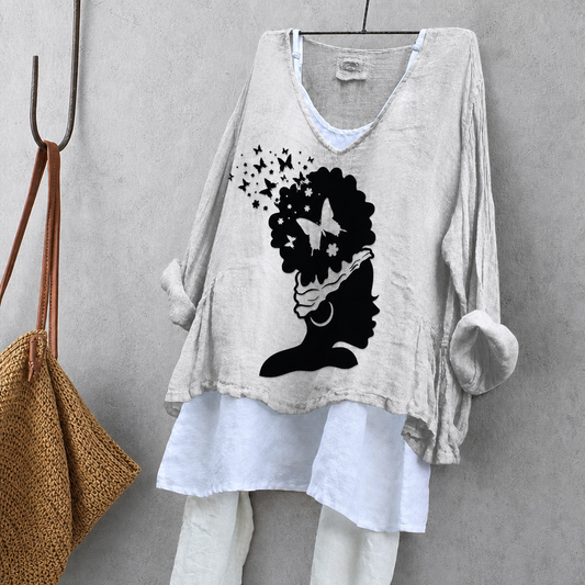 Butterfly & Silhouette Print Tunic Blouse – Oversized Boho Top for Women