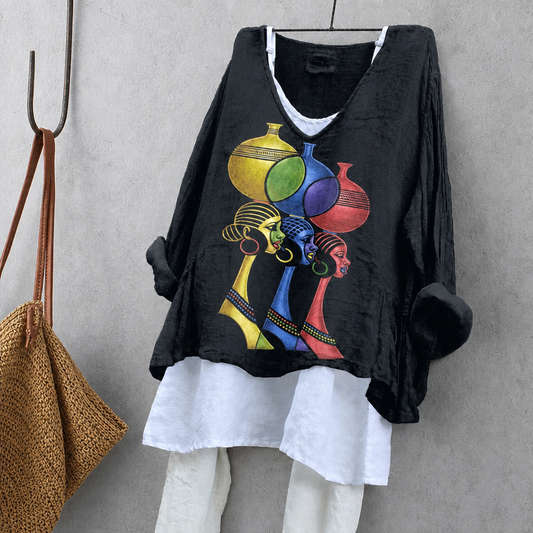 Women Carrying Pots Print Tunic Blouse – Oversized Boho Top for Women