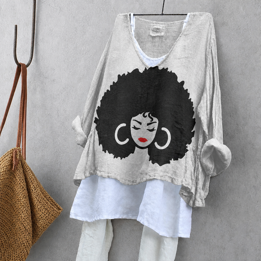 Afro-Haired Woman Portrait Print Tunic Blouse – Oversized Boho Top for Women