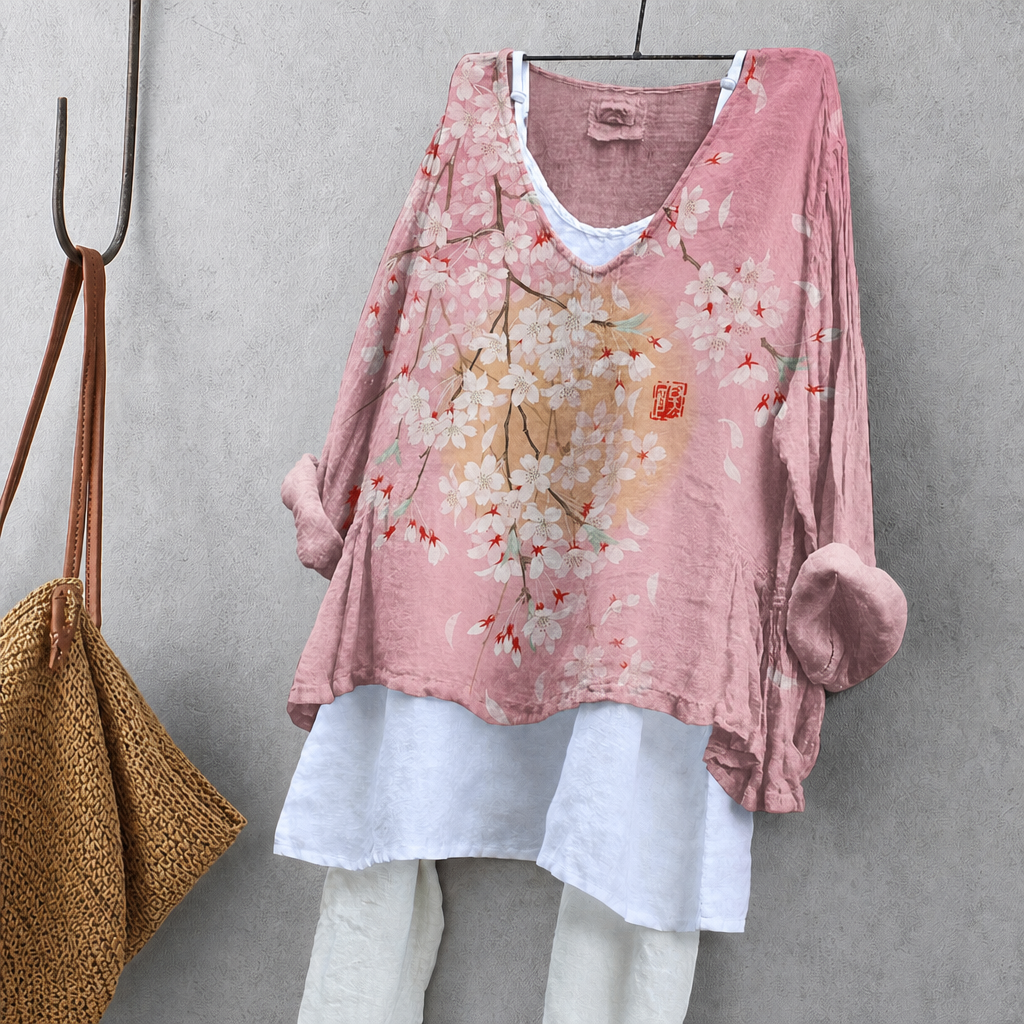 Sakura & Moon Print Tunic Blouse – Oversized Boho Top for Women