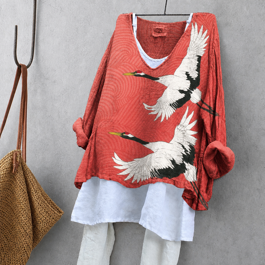 Dancing Crane Print Tunic Blouse – Oversized Boho Top for Women