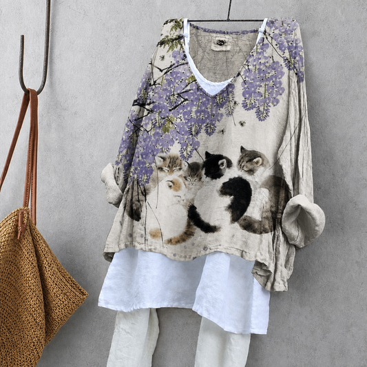 Wisteria & Kitten Print Tunic Blouse – Oversized Boho Top for Women