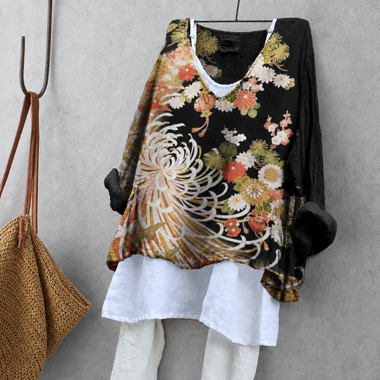 Purple Wisteria & Kitten Print Tunic Blouse – Oversized Boho Top for Women
