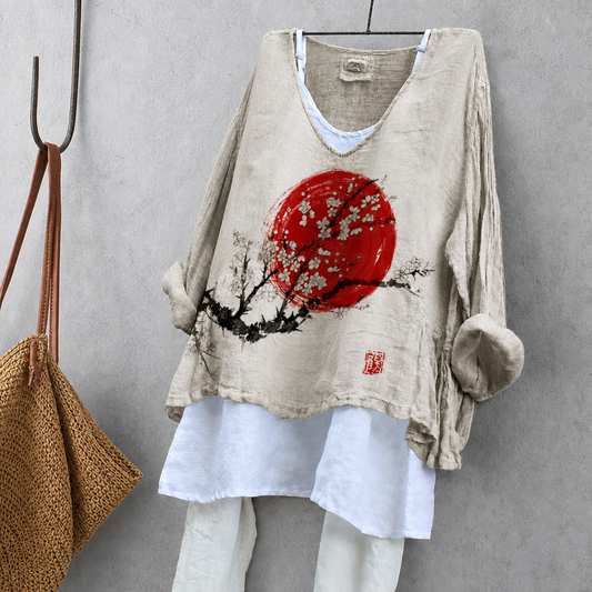 Sun Wheel & Plum Blossom Print Tunic Blouse – Oversized Boho Top for Women
