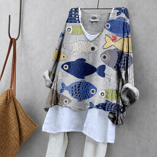 Japanese Pattern Fish Print Tunic Blouse – Oversized Boho Top for Women
