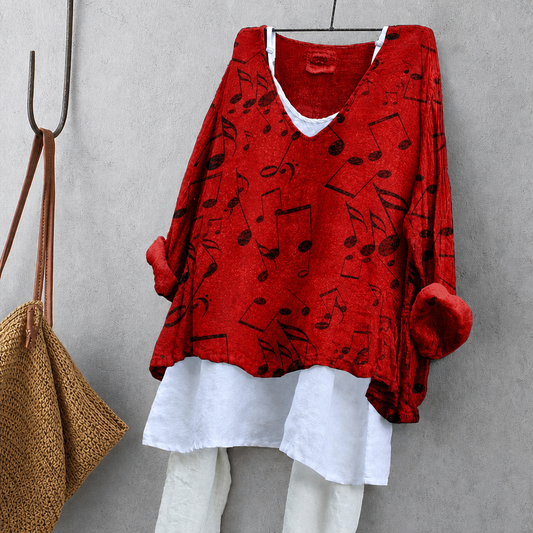 Musical Note Print Tunic Blouse – Oversized Boho Top for Women