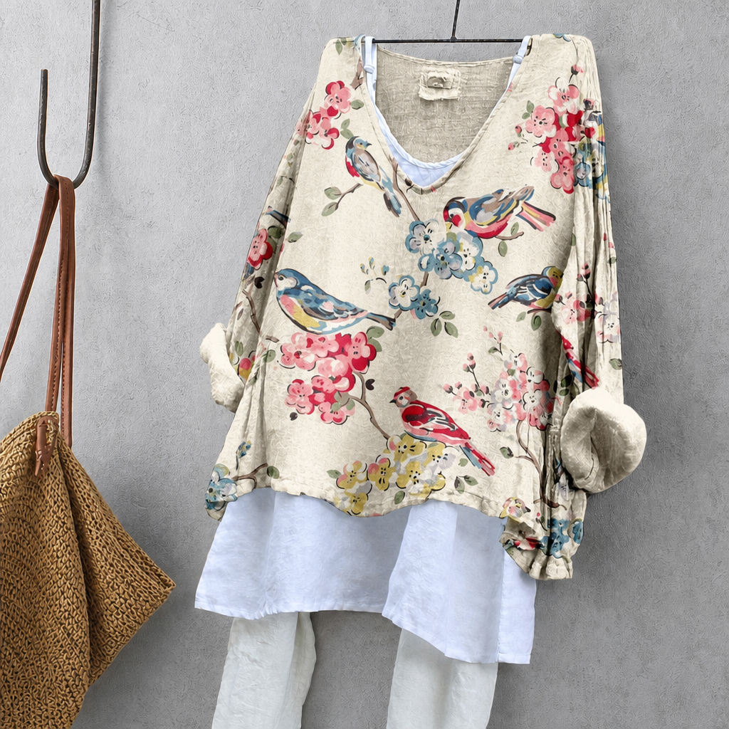 Flower & Bird Print Tunic Blouse – Oversized Boho Top for Women