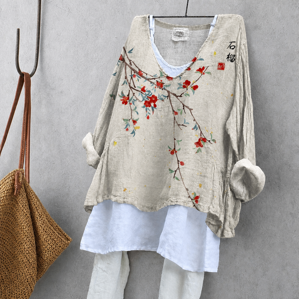 Pomegranate Print Tunic Blouse – Oversized Boho Top for Women