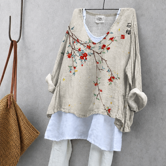 Pomegranate Print Tunic Blouse – Oversized Boho Top for Women
