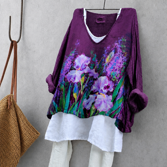 Iris Print Tunic Blouse – Oversized Boho Top for Women